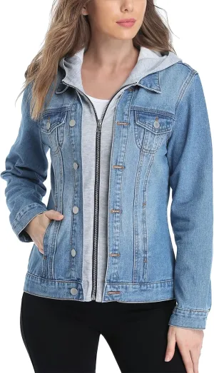 MISS MOLY Women's Layered Drawstring Casual Hoodie Denim Jackets Jean Jacket Coat w Pockets
