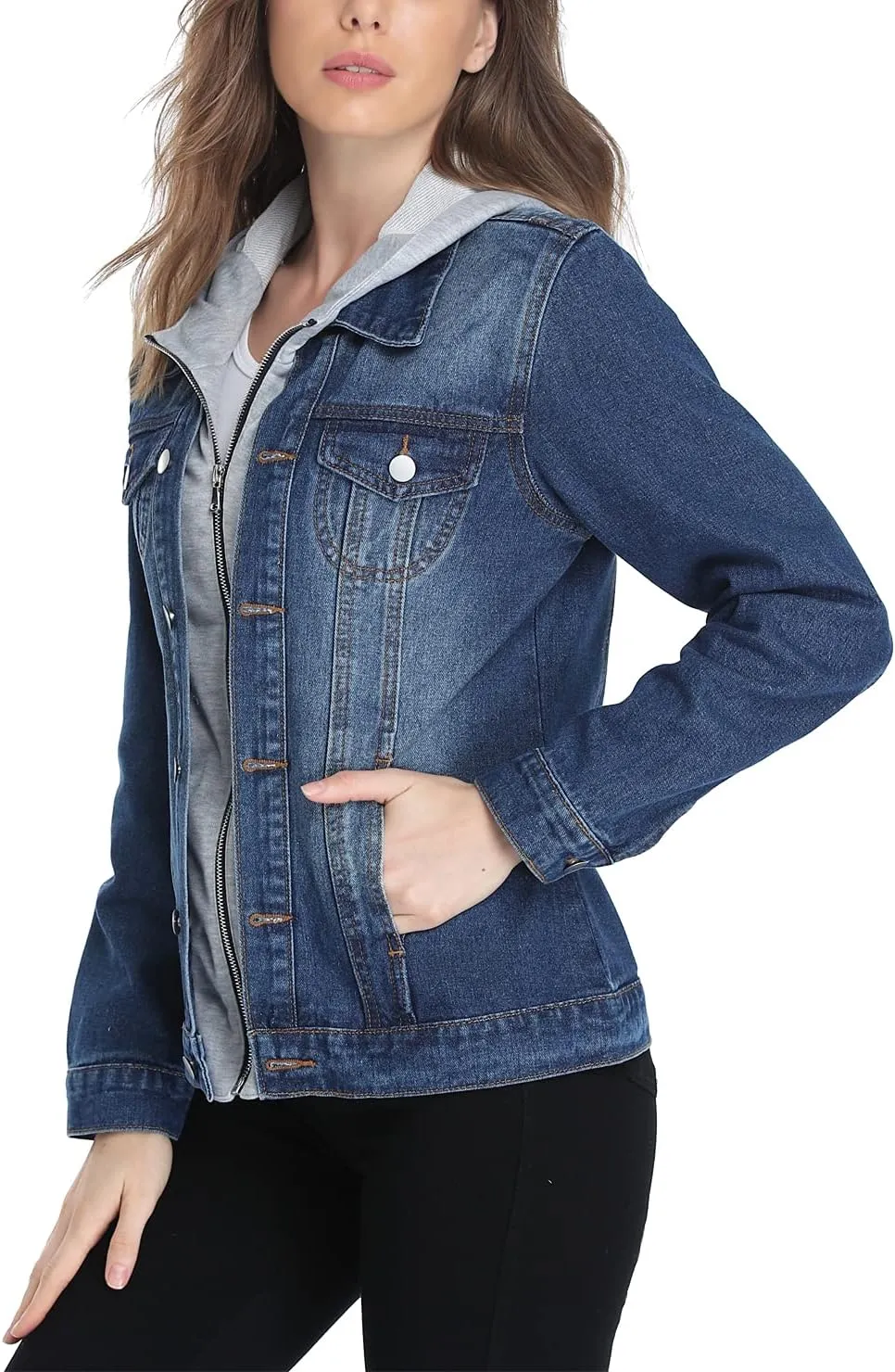 MISS MOLY Women's Layered Drawstring Casual Hoodie Denim Jackets Jean Jacket Coat w Pockets