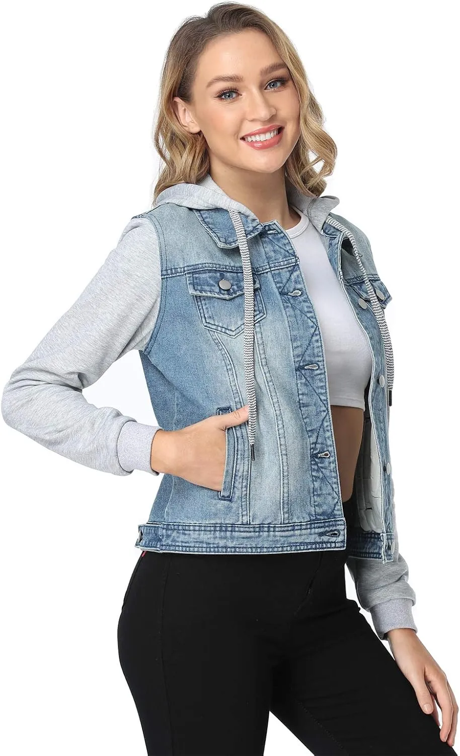 MISS MOLY Women's Layered Drawstring Casual Hoodie Denim Jackets Jean Jacket Coat w Pockets
