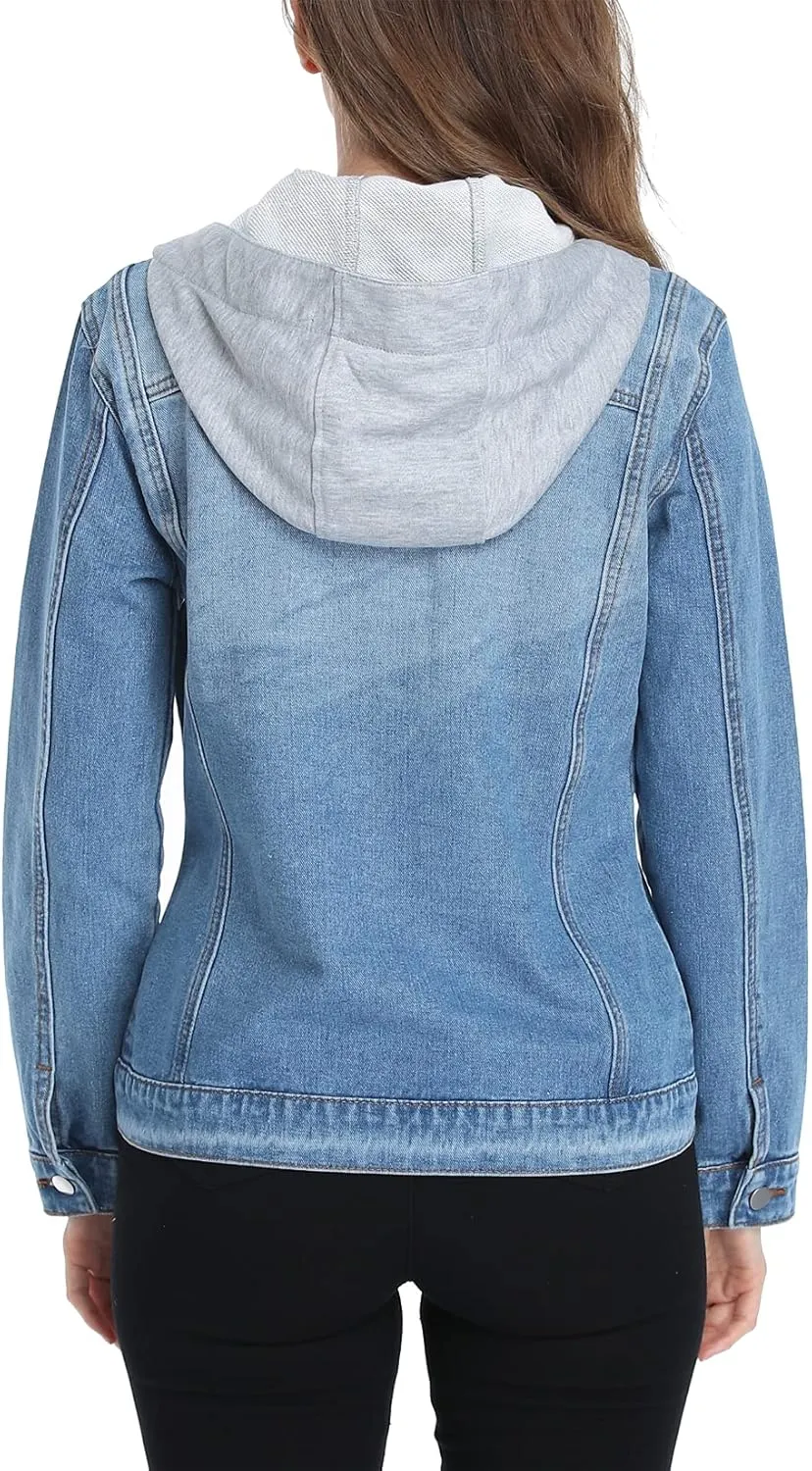 MISS MOLY Women's Layered Drawstring Casual Hoodie Denim Jackets Jean Jacket Coat w Pockets