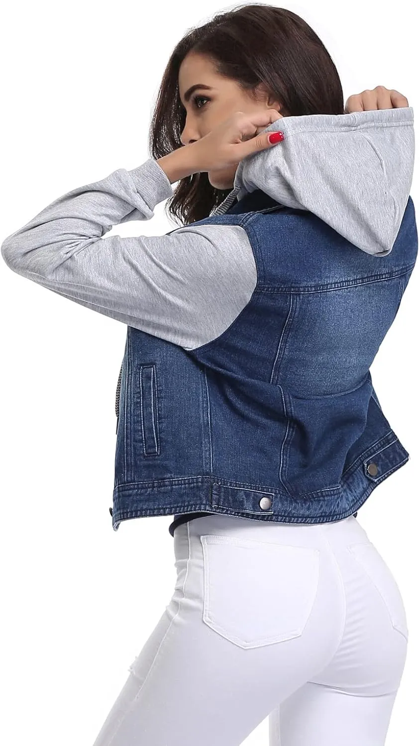MISS MOLY Women's Layered Drawstring Casual Hoodie Denim Jackets Jean Jacket Coat w Pockets