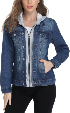 MISS MOLY Women's Layered Drawstring Casual Hoodie Denim Jackets Jean Jacket Coat w Pockets