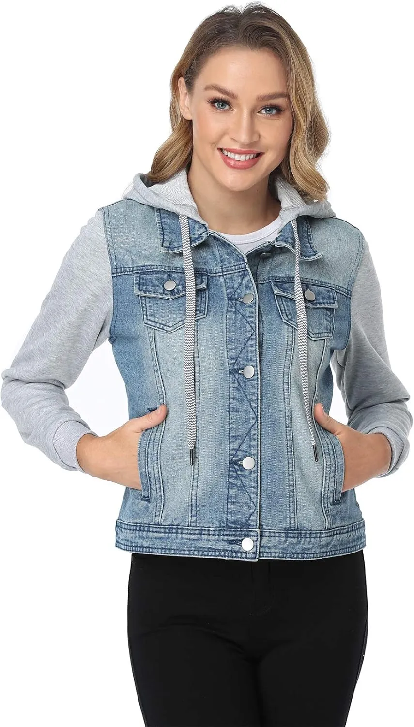MISS MOLY Women's Layered Drawstring Casual Hoodie Denim Jackets Jean Jacket Coat w Pockets