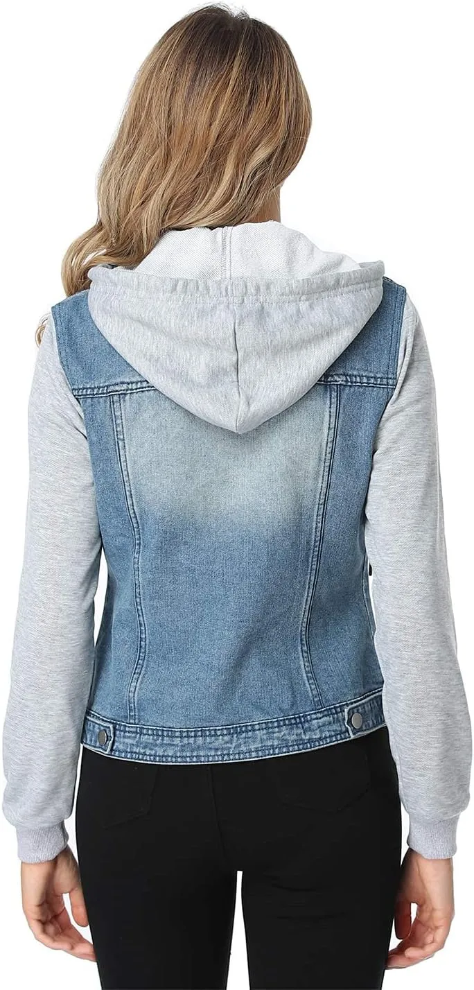 MISS MOLY Women's Layered Drawstring Casual Hoodie Denim Jackets Jean Jacket Coat w Pockets