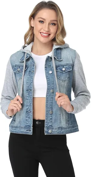 MISS MOLY Women's Layered Drawstring Casual Hoodie Denim Jackets Jean Jacket Coat w Pockets