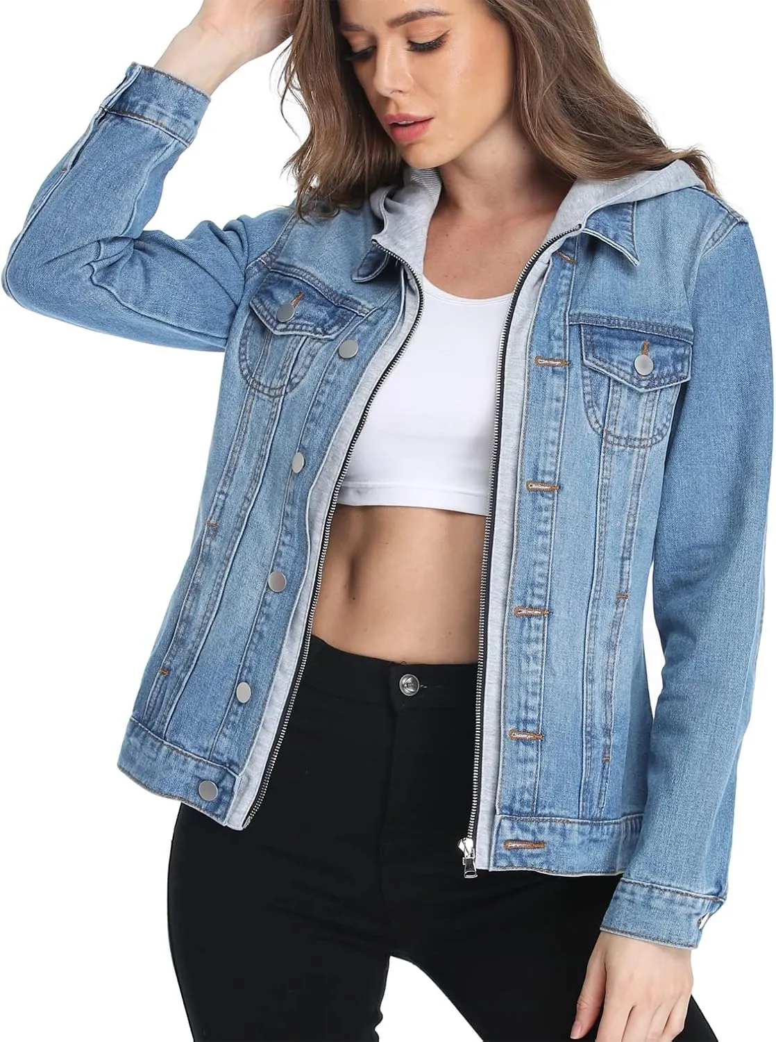 MISS MOLY Women's Layered Drawstring Casual Hoodie Denim Jackets Jean Jacket Coat w Pockets