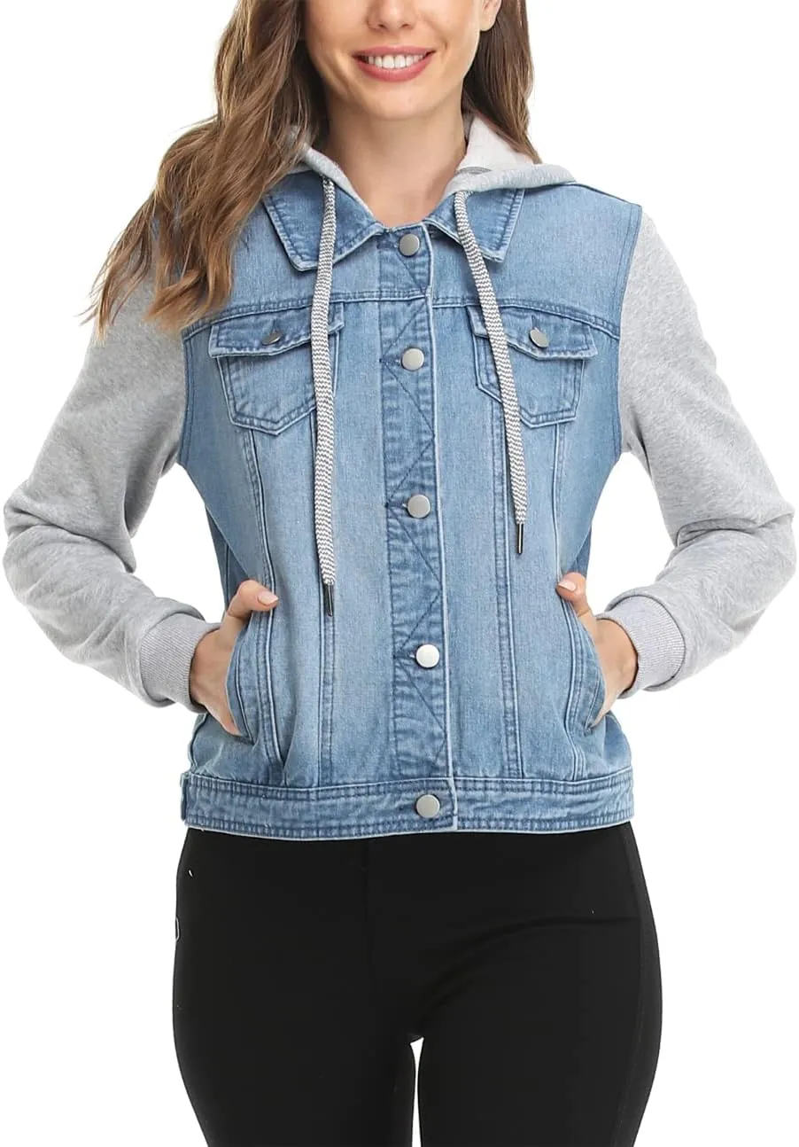 MISS MOLY Women's Layered Drawstring Casual Hoodie Denim Jackets Jean Jacket Coat w Pockets