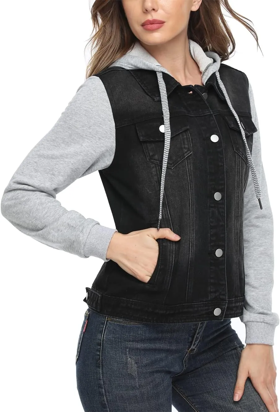 MISS MOLY Women's Layered Drawstring Casual Hoodie Denim Jackets Jean Jacket Coat w Pockets