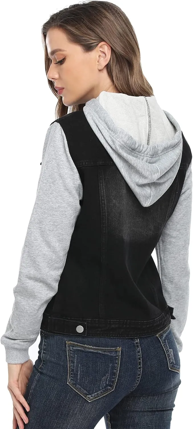 MISS MOLY Women's Layered Drawstring Casual Hoodie Denim Jackets Jean Jacket Coat w Pockets