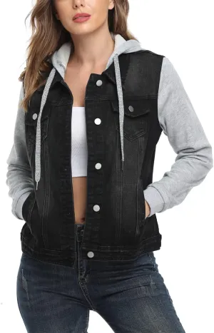 MISS MOLY Women's Layered Drawstring Casual Hoodie Denim Jackets Jean Jacket Coat w Pockets