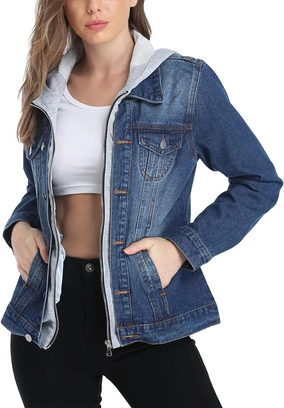 MISS MOLY Women's Layered Drawstring Casual Hoodie Denim Jackets Jean Jacket Coat w Pockets