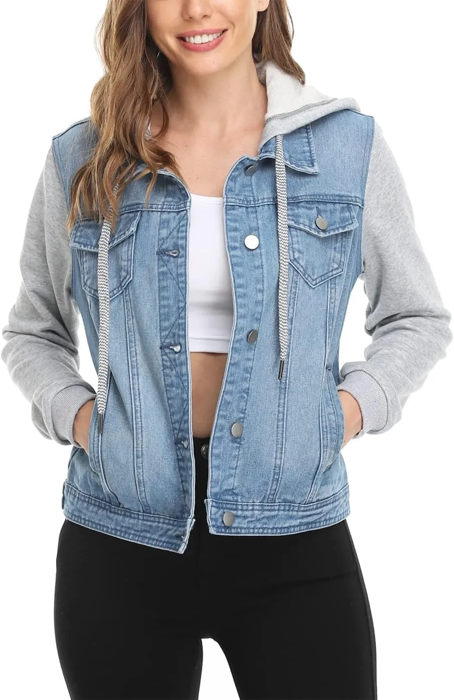 MISS MOLY Women's Layered Drawstring Casual Hoodie Denim Jackets Jean Jacket Coat w Pockets