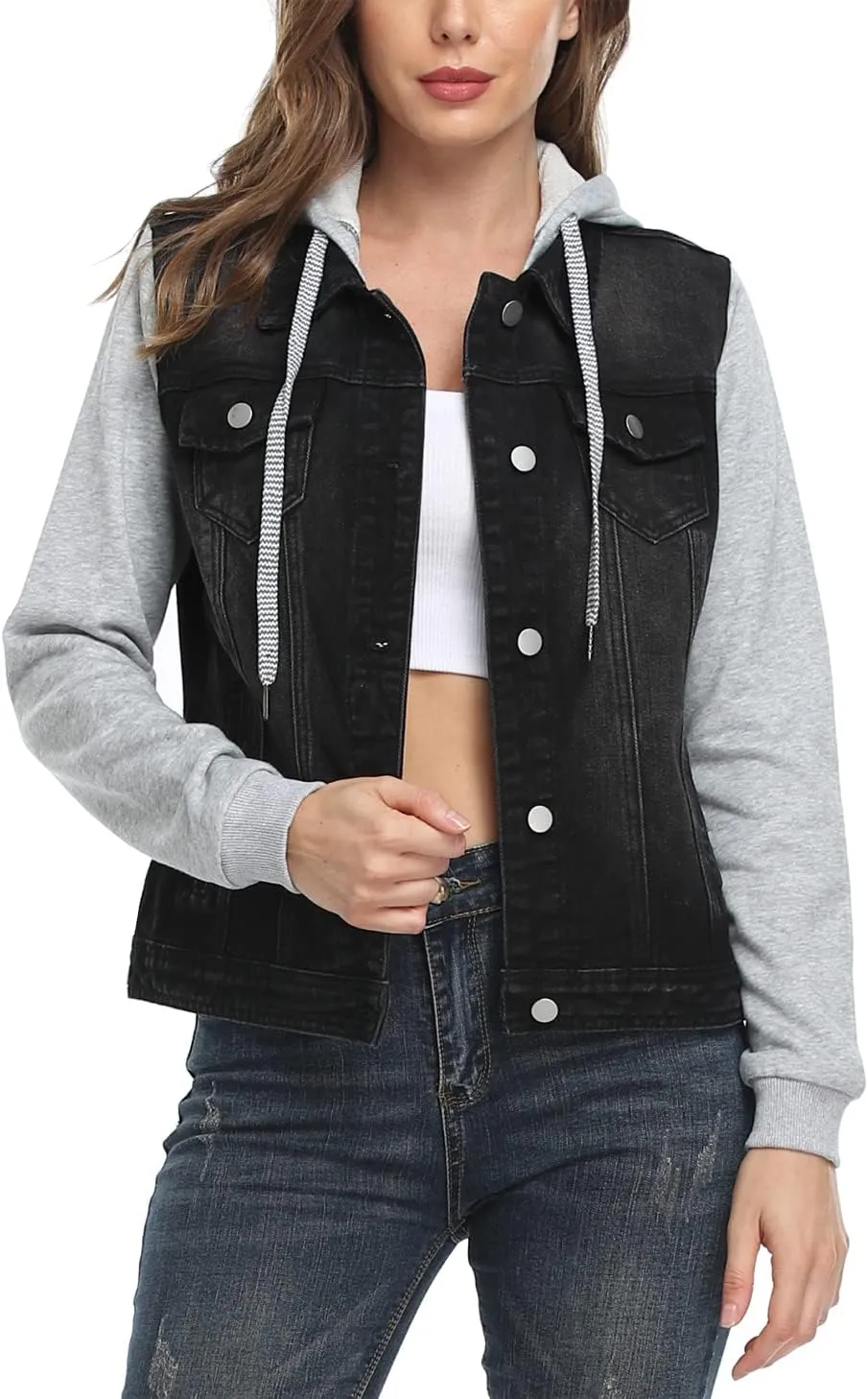 MISS MOLY Women's Layered Drawstring Casual Hoodie Denim Jackets Jean Jacket Coat w Pockets