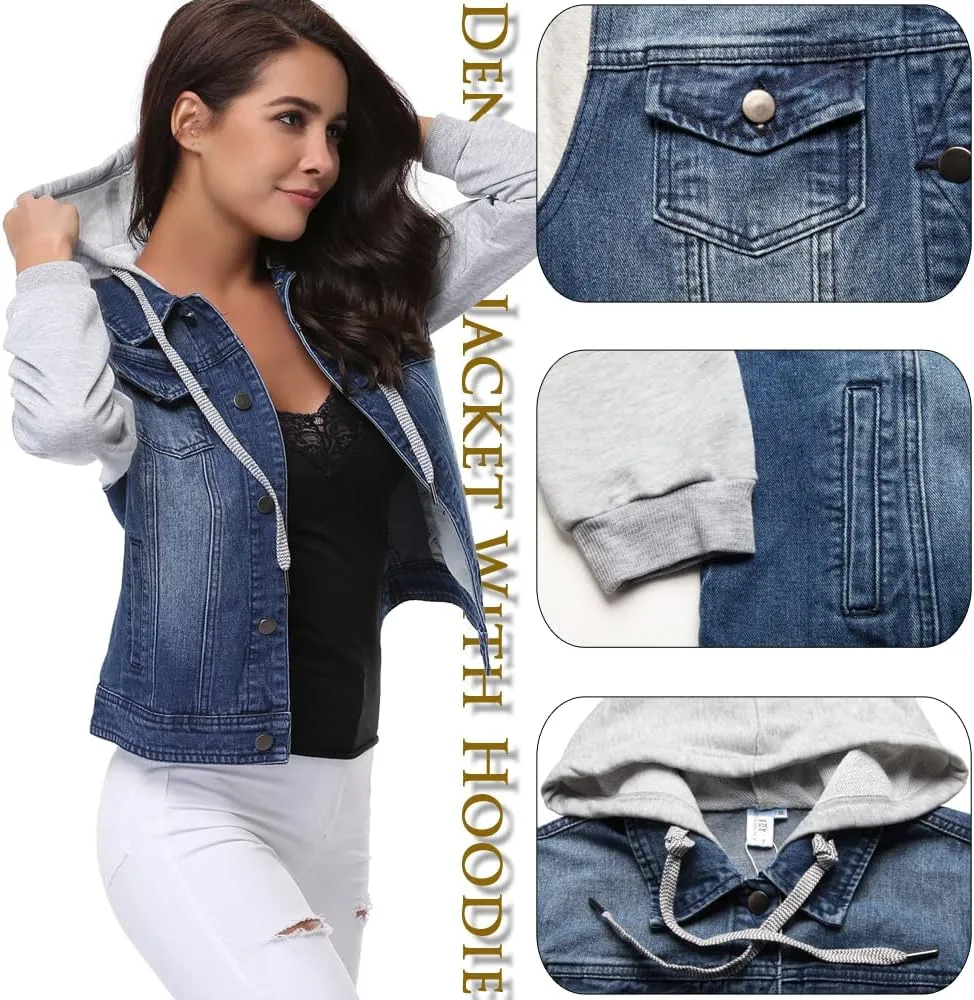 MISS MOLY Women's Layered Drawstring Casual Hoodie Denim Jackets Jean Jacket Coat w Pockets