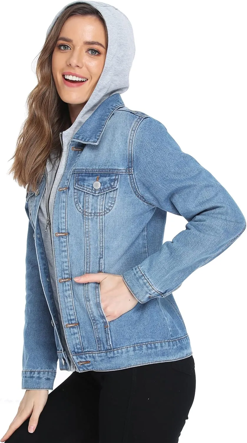 MISS MOLY Women's Layered Drawstring Casual Hoodie Denim Jackets Jean Jacket Coat w Pockets