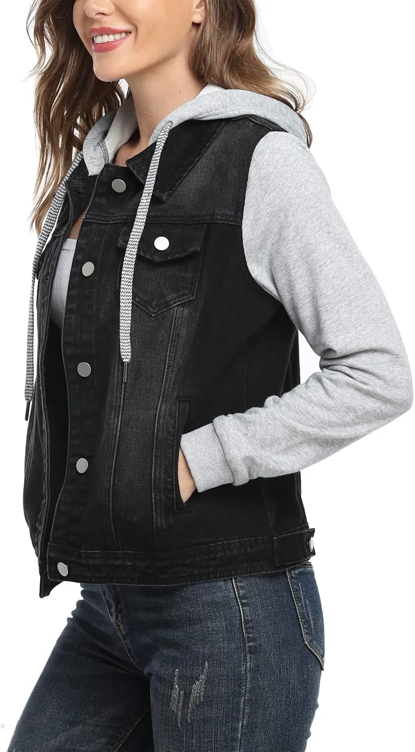 MISS MOLY Women's Layered Drawstring Casual Hoodie Denim Jackets Jean Jacket Coat w Pockets