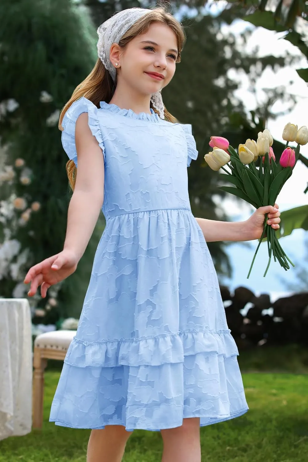 MITILLY Girls Summer Ruffle Dress Elegant Flutter Sleeve A Line Flowy Formal Party Mini Dresses with Pockets 6-13 Years