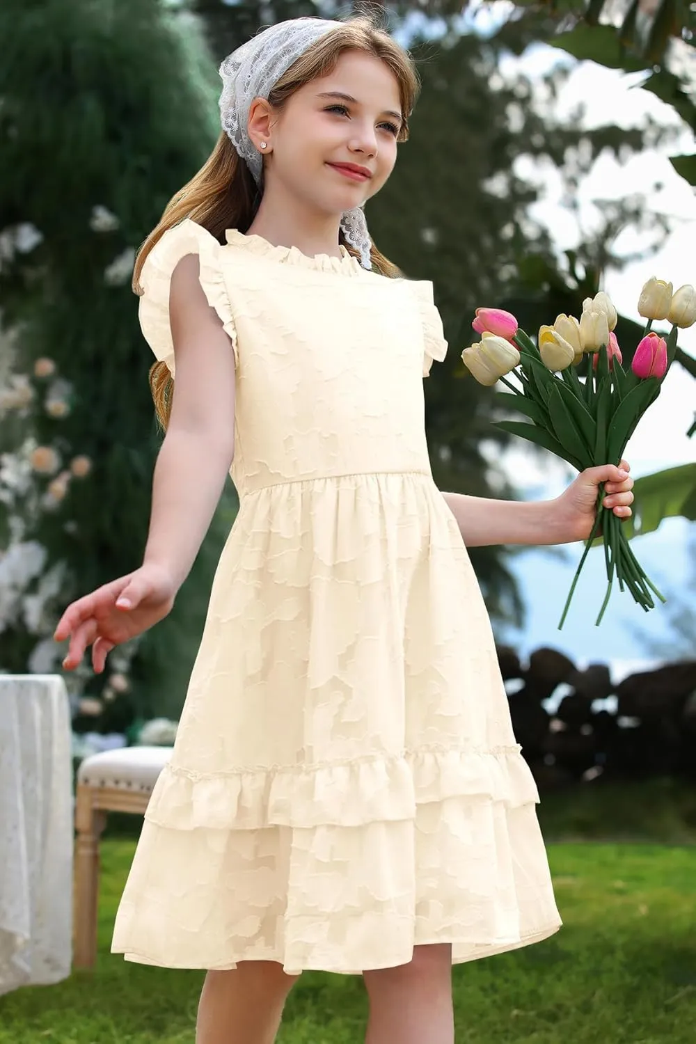 MITILLY Girls Summer Ruffle Dress Elegant Flutter Sleeve A Line Flowy Formal Party Mini Dresses with Pockets 6-13 Years