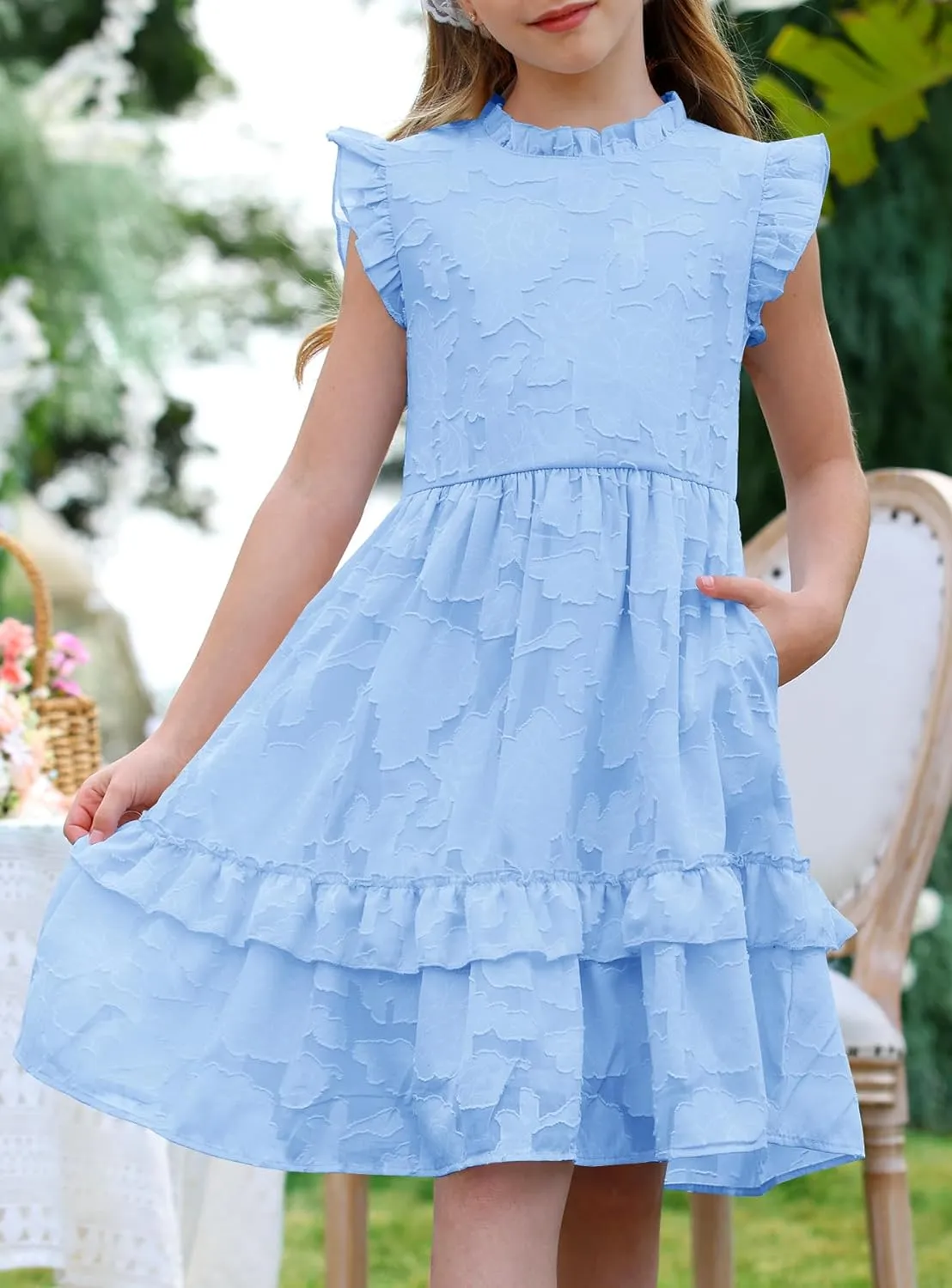 MITILLY Girls Summer Ruffle Dress Elegant Flutter Sleeve A Line Flowy Formal Party Mini Dresses with Pockets 6-13 Years