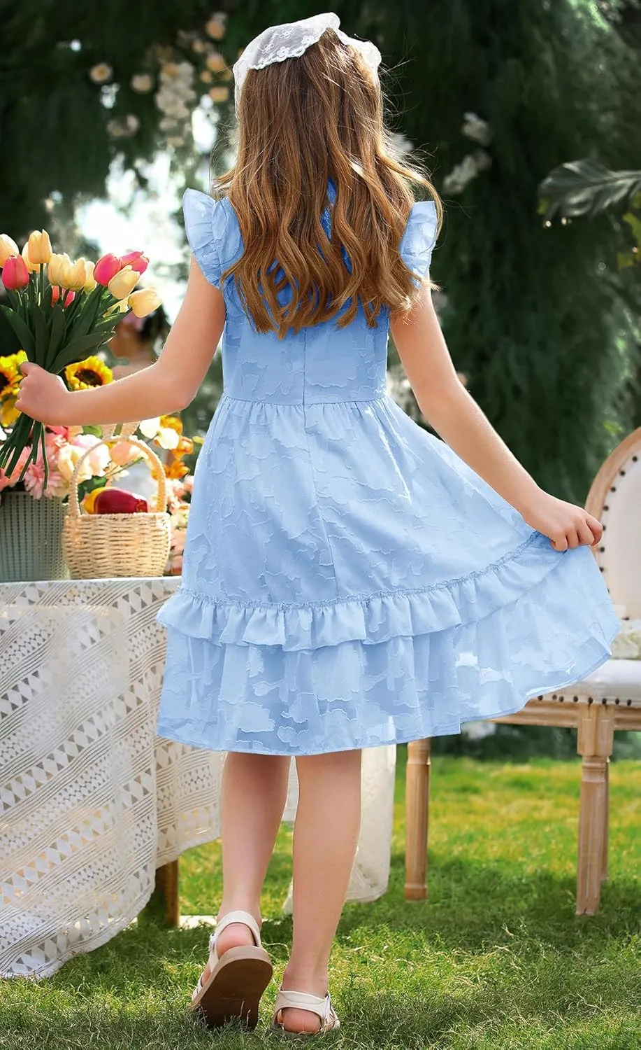 MITILLY Girls Summer Ruffle Dress Elegant Flutter Sleeve A Line Flowy Formal Party Mini Dresses with Pockets 6-13 Years