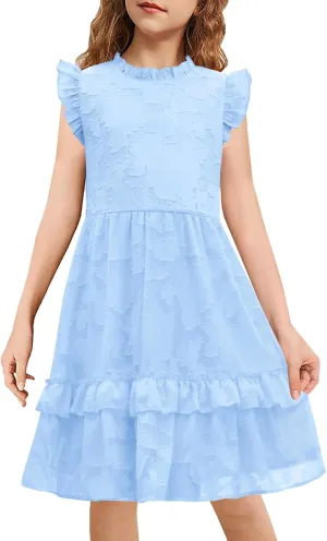 MITILLY Girls Summer Ruffle Dress Elegant Flutter Sleeve A Line Flowy Formal Party Mini Dresses with Pockets 6-13 Years