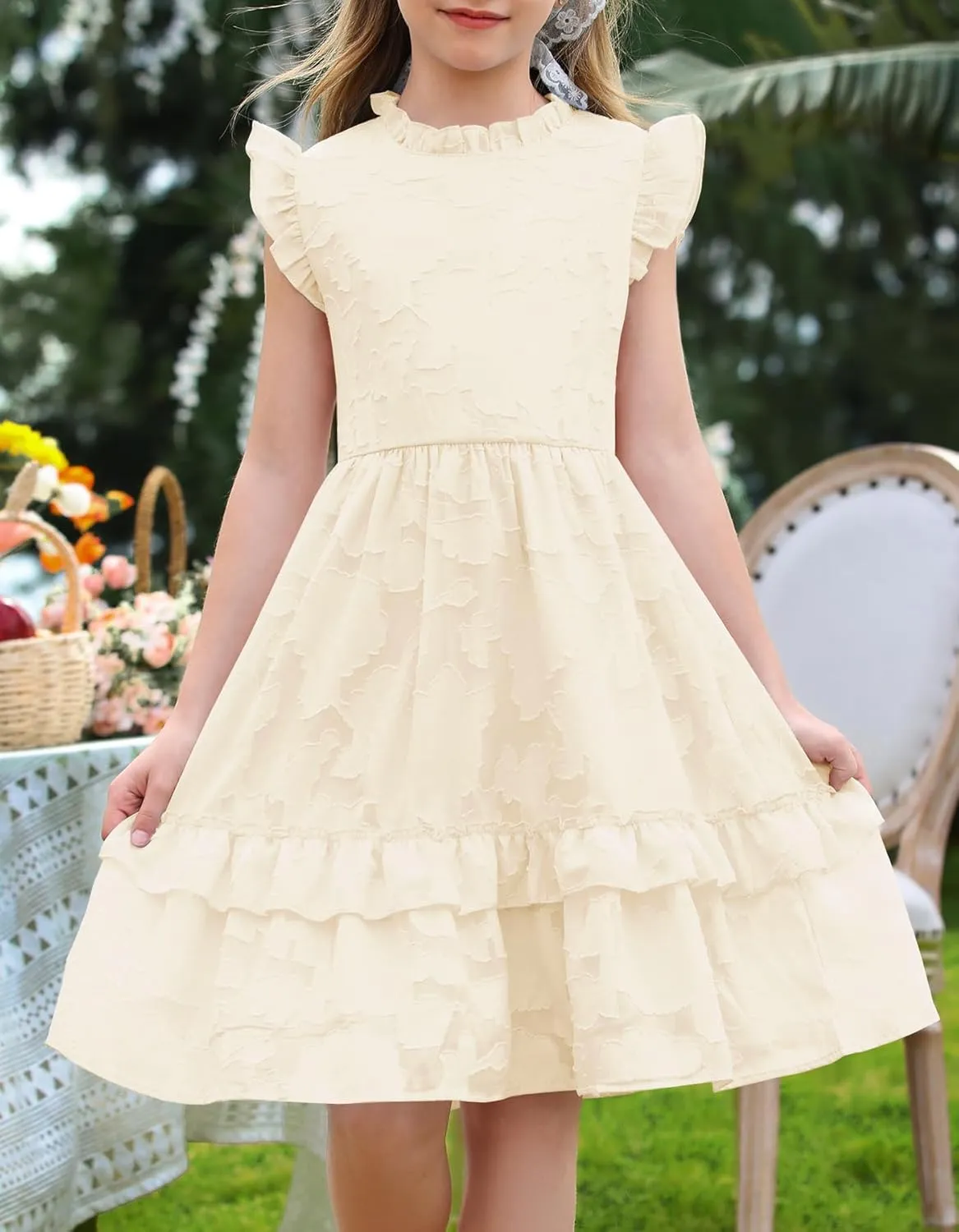 MITILLY Girls Summer Ruffle Dress Elegant Flutter Sleeve A Line Flowy Formal Party Mini Dresses with Pockets 6-13 Years