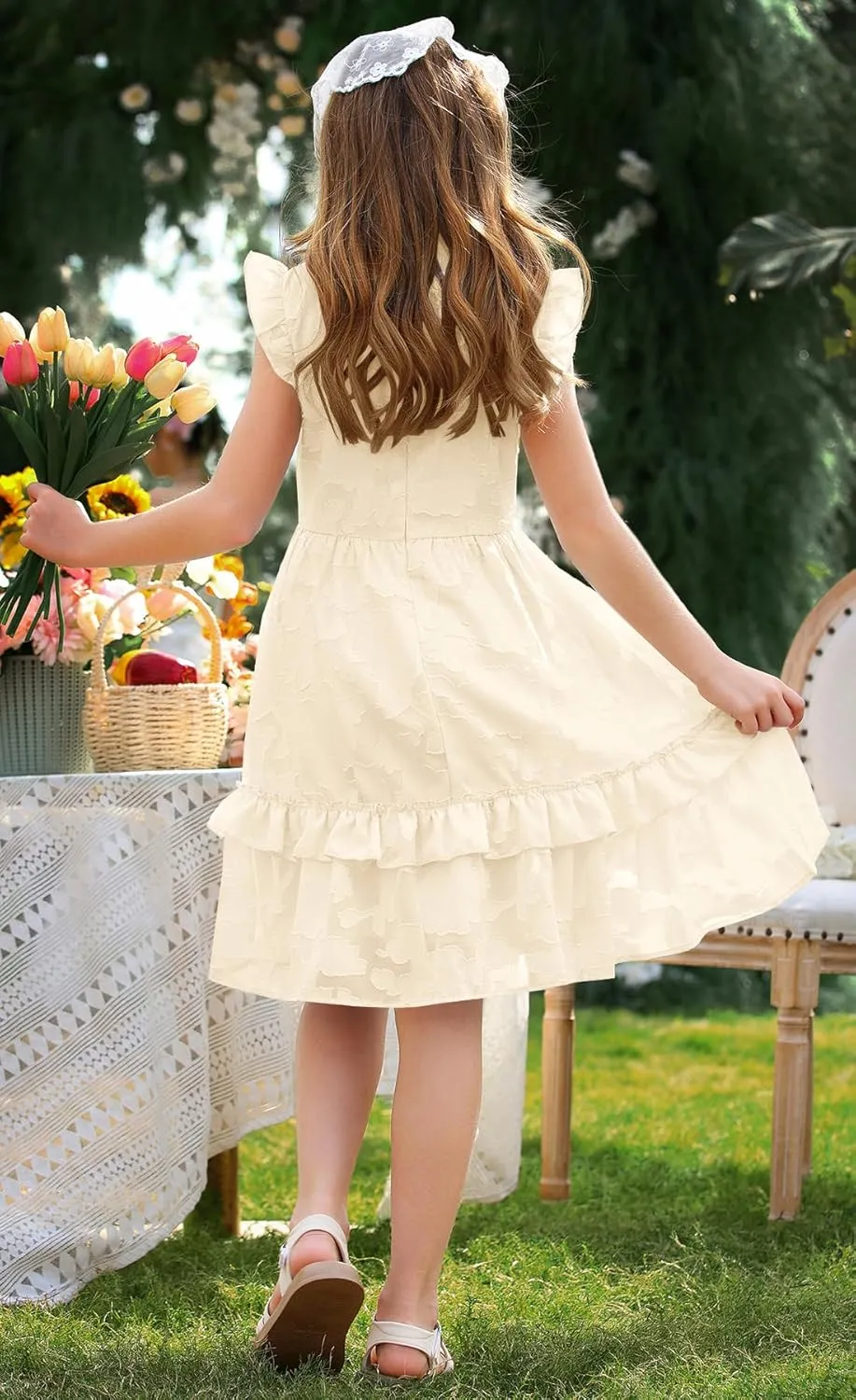 MITILLY Girls Summer Ruffle Dress Elegant Flutter Sleeve A Line Flowy Formal Party Mini Dresses with Pockets 6-13 Years