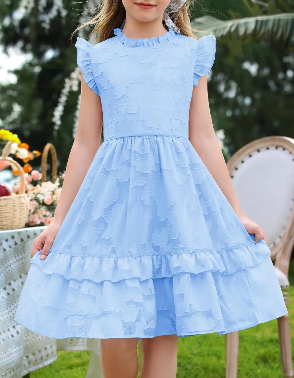 MITILLY Girls Summer Ruffle Dress Elegant Flutter Sleeve A Line Flowy Formal Party Mini Dresses with Pockets 6-13 Years