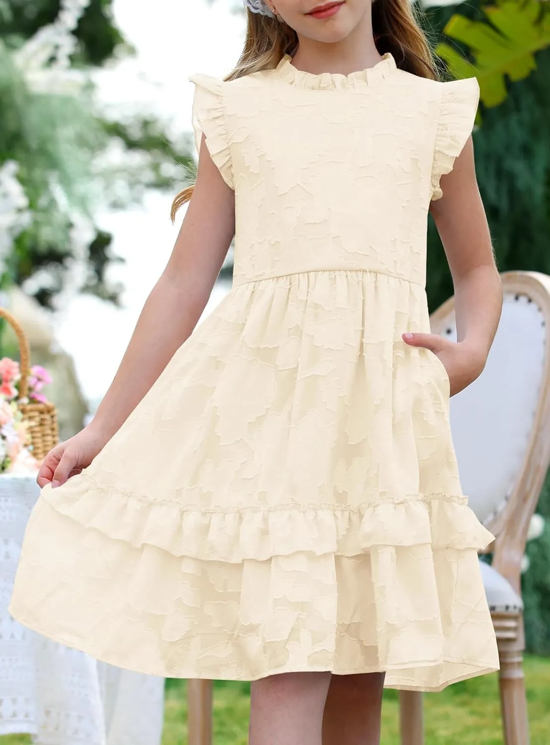 MITILLY Girls Summer Ruffle Dress Elegant Flutter Sleeve A Line Flowy Formal Party Mini Dresses with Pockets 6-13 Years