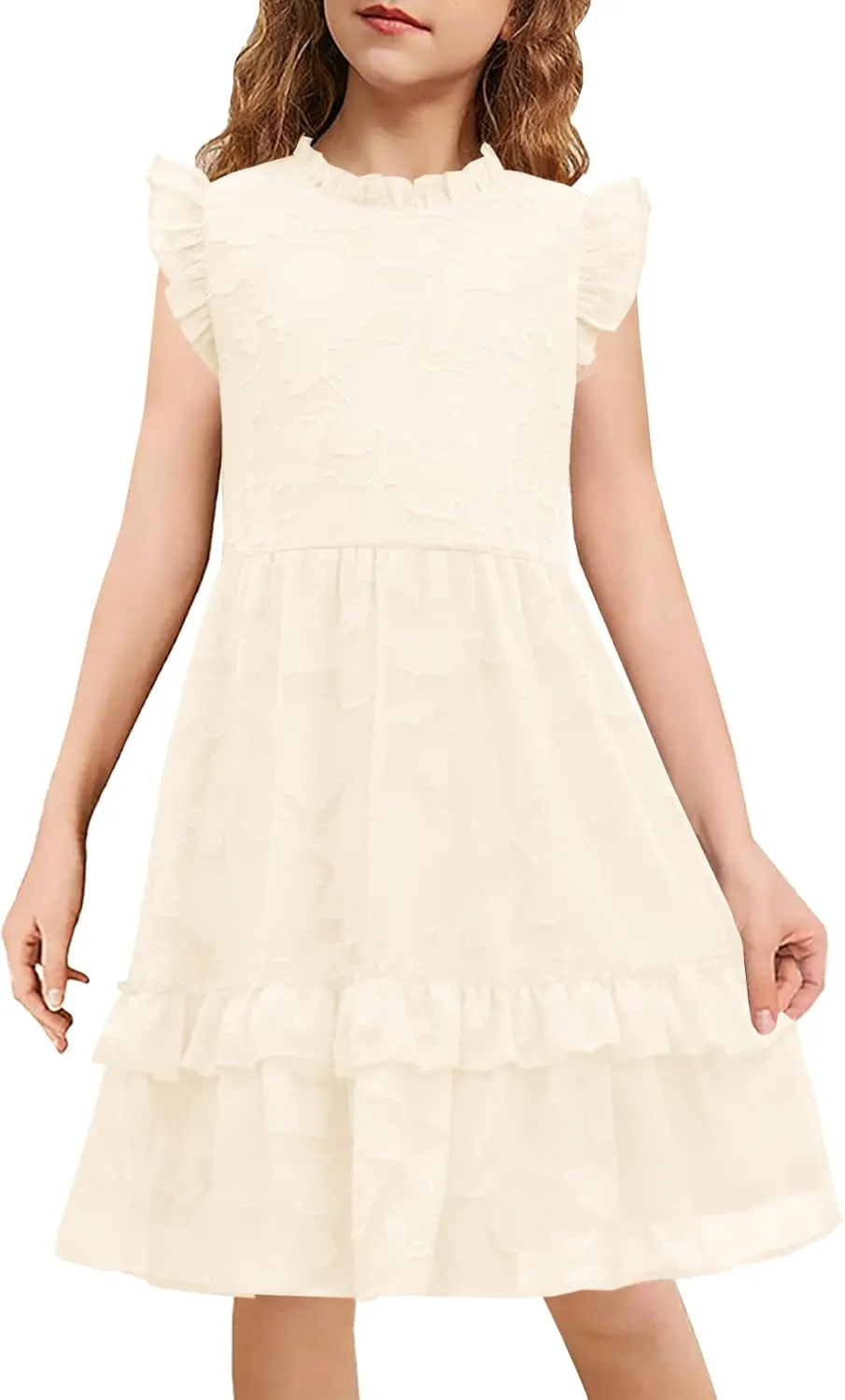 MITILLY Girls Summer Ruffle Dress Elegant Flutter Sleeve A Line Flowy Formal Party Mini Dresses with Pockets 6-13 Years