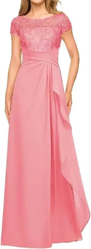 Mother-of-The-Bride-Dresses-for-Wedding Short Sleeve - Ruffled Chiffon Long Formal Evening Gowns