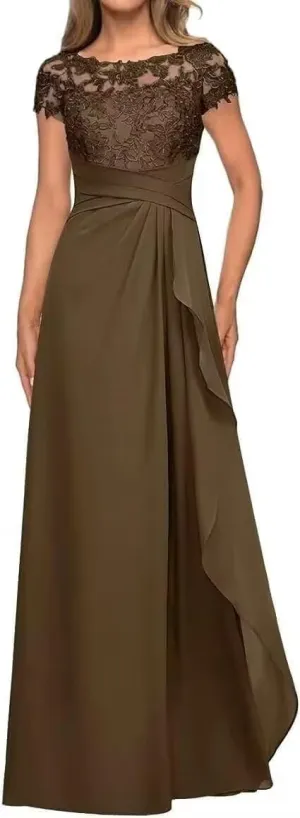 Mother-of-The-Bride-Dresses-for-Wedding Short Sleeve - Ruffled Chiffon Long Formal Evening Gowns