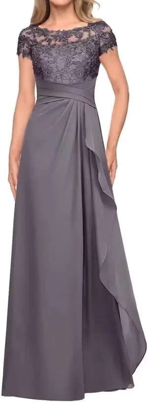 Mother-of-The-Bride-Dresses-for-Wedding Short Sleeve - Ruffled Chiffon Long Formal Evening Gowns