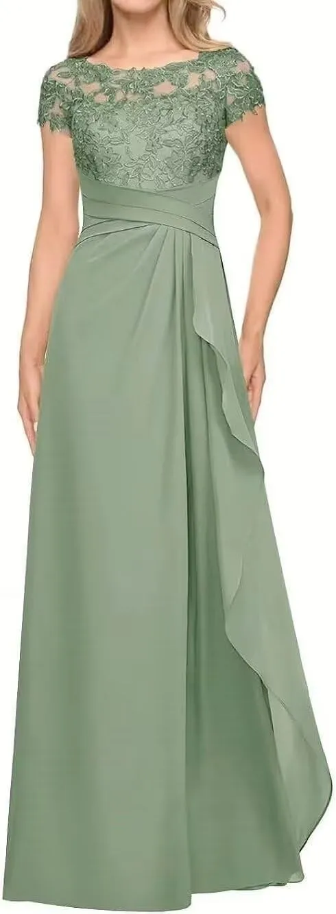 Mother-of-The-Bride-Dresses-for-Wedding Short Sleeve - Ruffled Chiffon Long Formal Evening Gowns