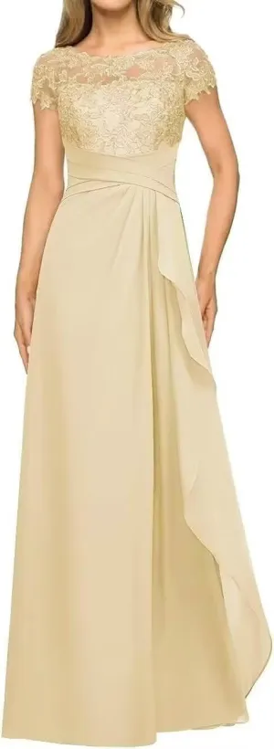 Mother-of-The-Bride-Dresses-for-Wedding Short Sleeve - Ruffled Chiffon Long Formal Evening Gowns