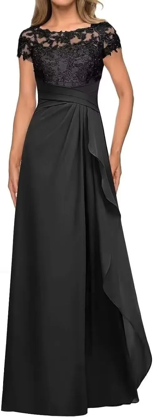 Mother-of-The-Bride-Dresses-for-Wedding Short Sleeve - Ruffled Chiffon Long Formal Evening Gowns