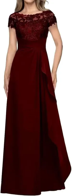 Mother-of-The-Bride-Dresses-for-Wedding Short Sleeve - Ruffled Chiffon Long Formal Evening Gowns