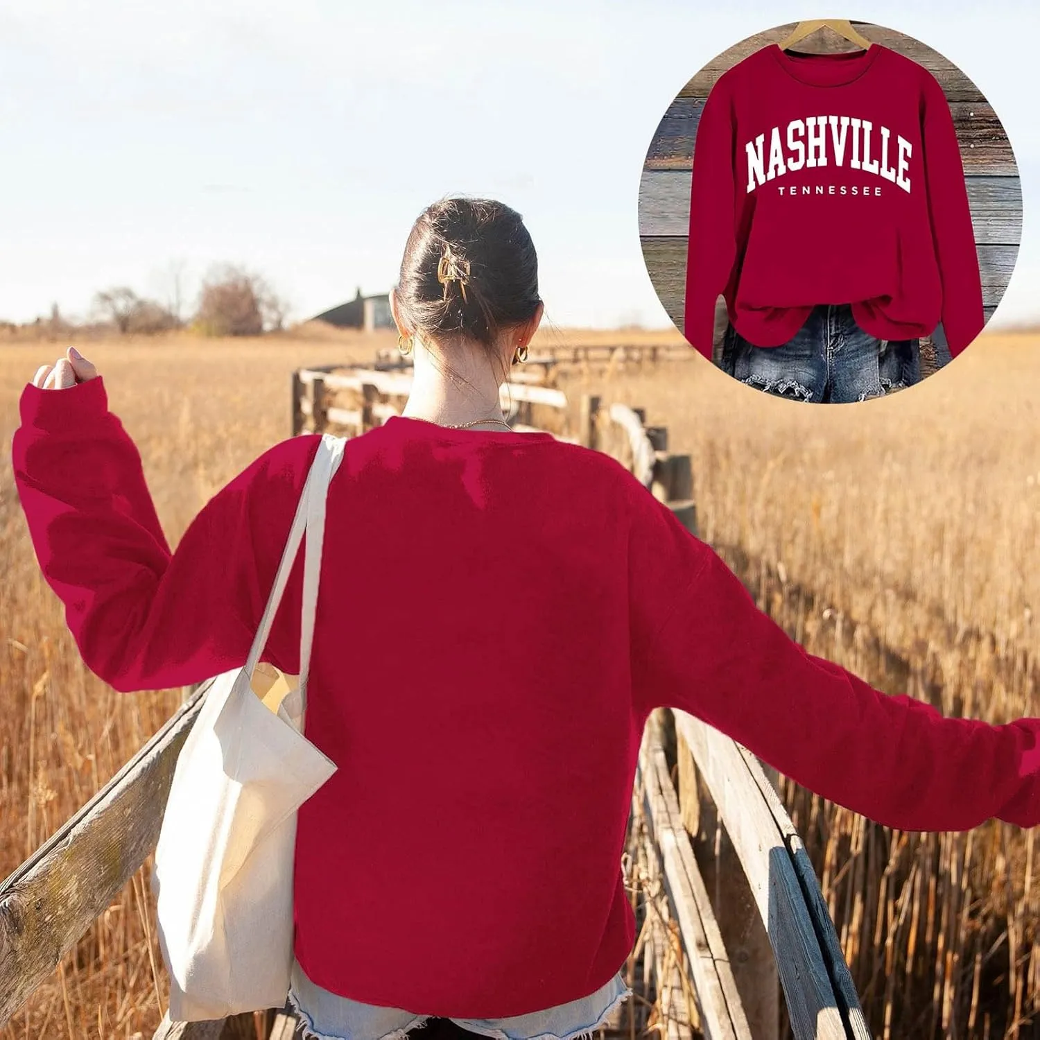 Nashville Print Womens Sweatshirts Trendy Long Sleeve Hoodies Crewneck Pullover Top Fall Fashion Preppy Clothes