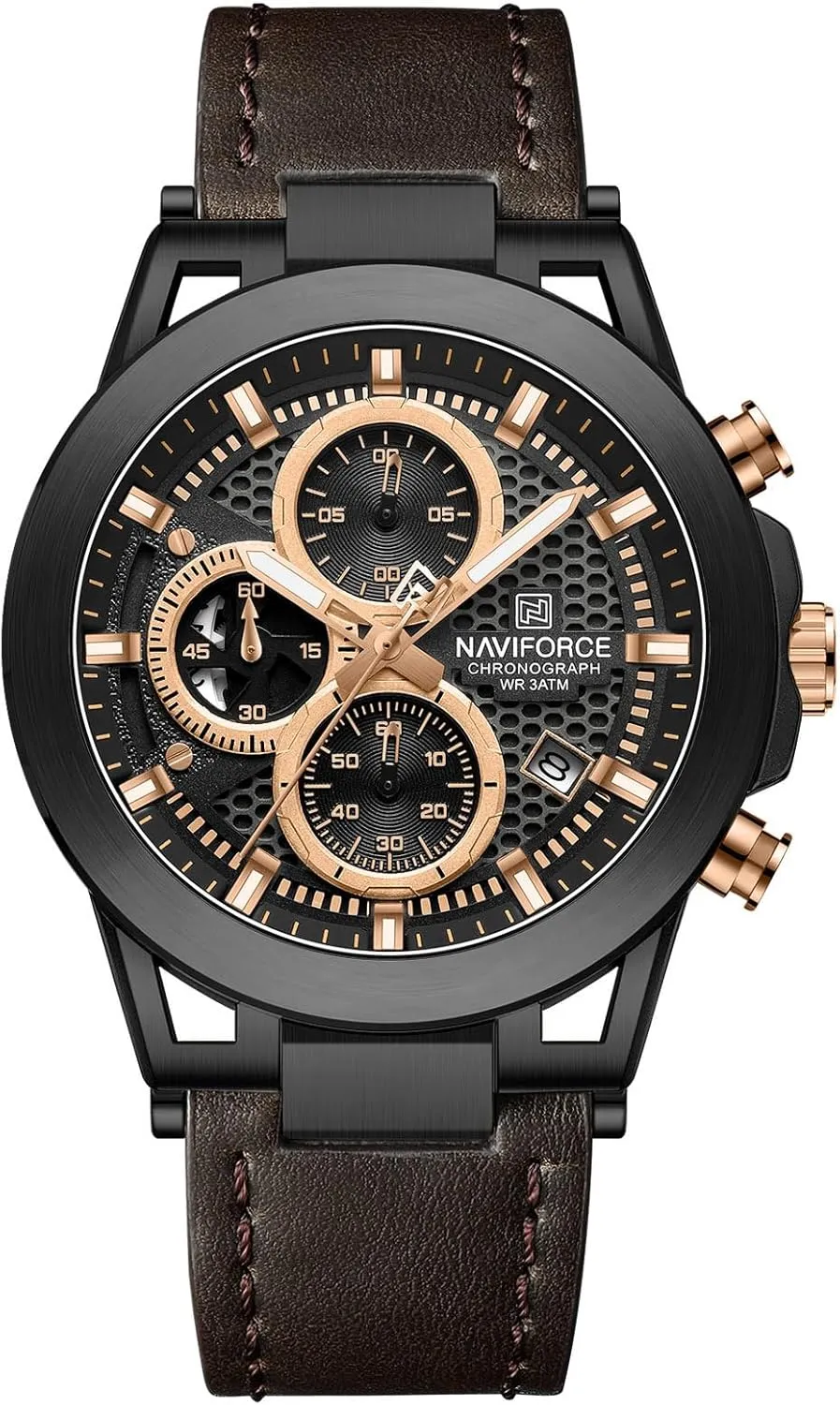 NAVIFORCE Men Sport Chronograph Watches,with Calendar Quartz Mens Waterproof Wrist Watches, Genuine Leather Strap for Man