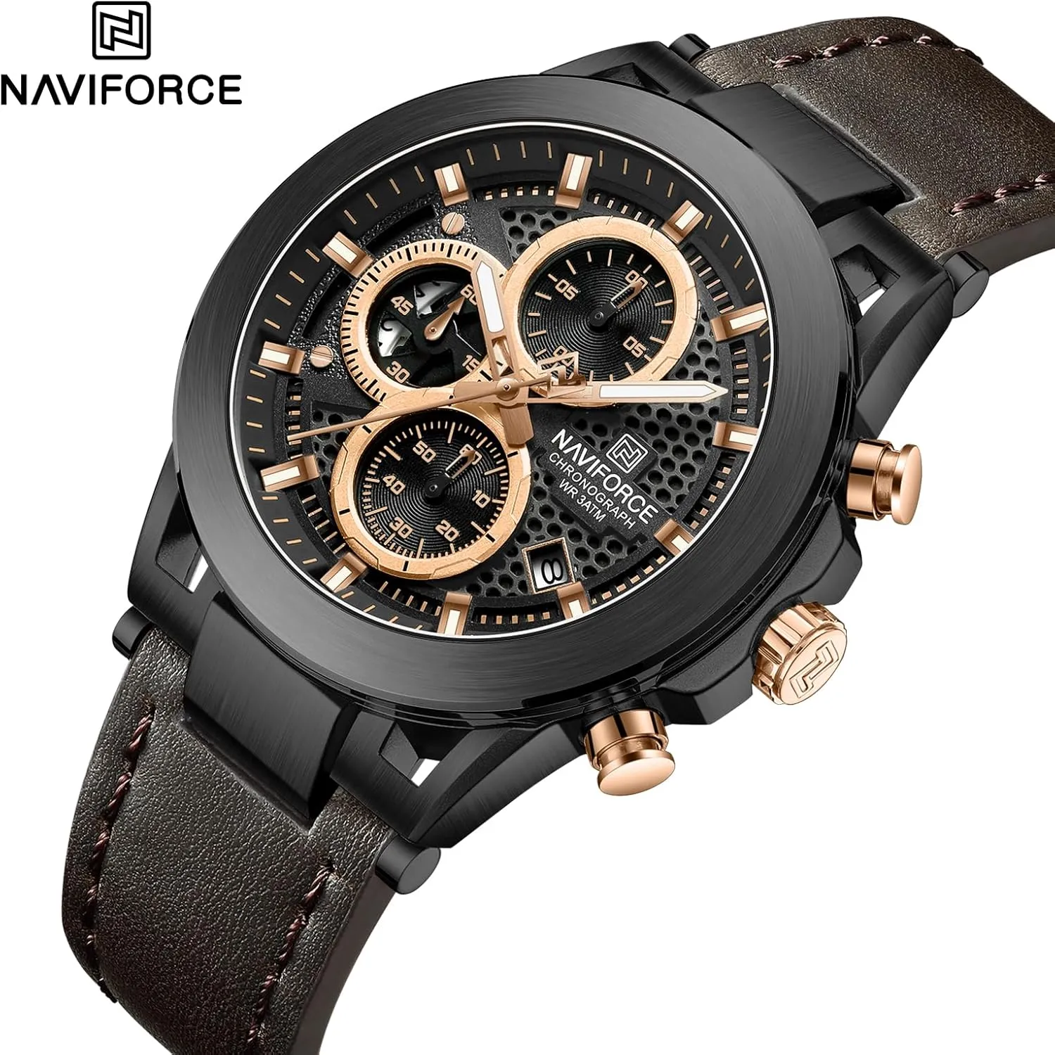 NAVIFORCE Men Sport Chronograph Watches,with Calendar Quartz Mens Waterproof Wrist Watches, Genuine Leather Strap for Man