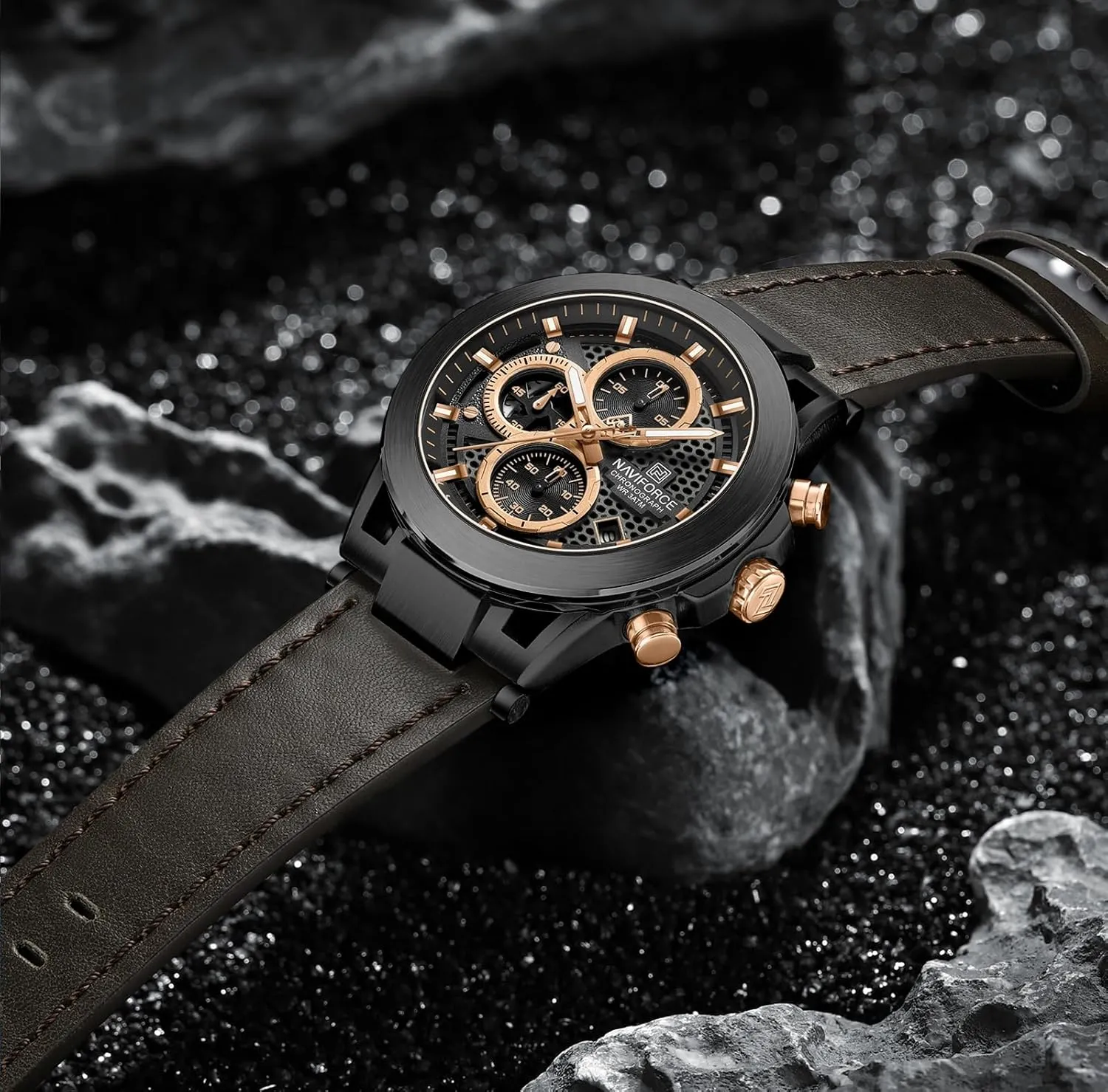 NAVIFORCE Men Sport Chronograph Watches,with Calendar Quartz Mens Waterproof Wrist Watches, Genuine Leather Strap for Man