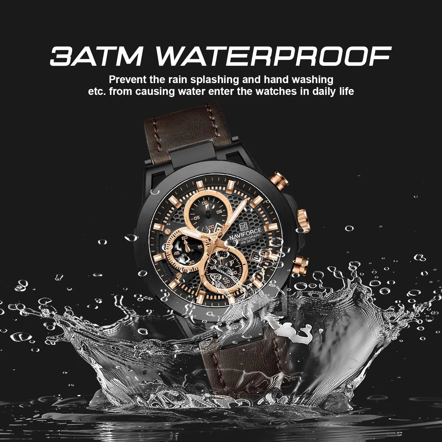 NAVIFORCE Men Sport Chronograph Watches,with Calendar Quartz Mens Waterproof Wrist Watches, Genuine Leather Strap for Man