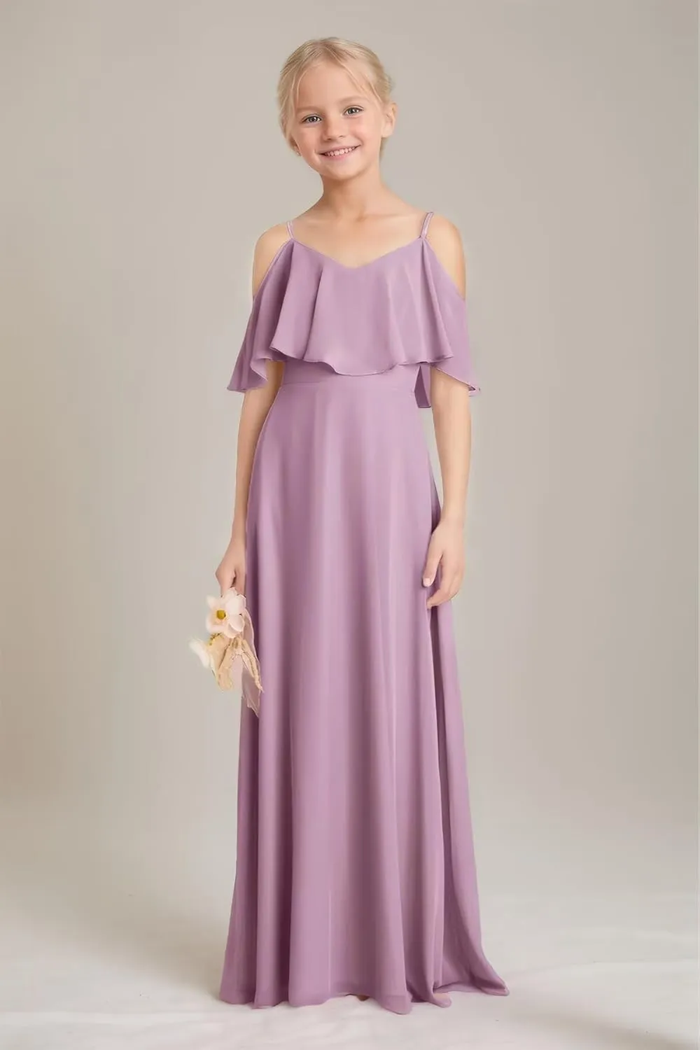 Off Shoulder Junior Bridesmaid Dresses Long Chiffon Flower Girl Dress for Teen Girls Party Pageant Dresses