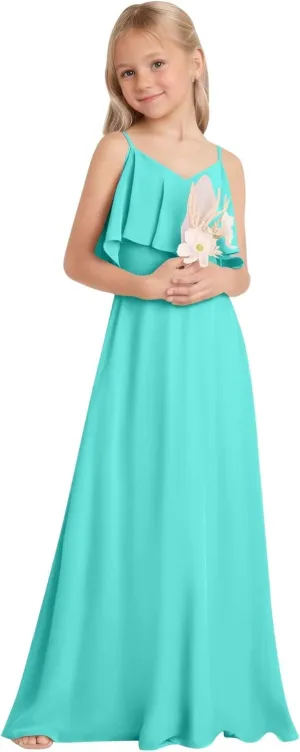 Off Shoulder Junior Bridesmaid Dresses Long Chiffon Flower Girl Dress for Teen Girls Party Pageant Dresses