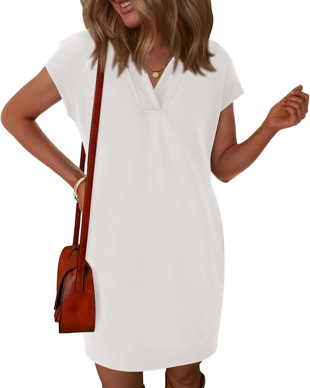 Okiwam Women's Spring Summer Dresses 2025 Casual Short Sleeve V-Neck T-Shirt Mini Vacation Sun Dresses with Pockets