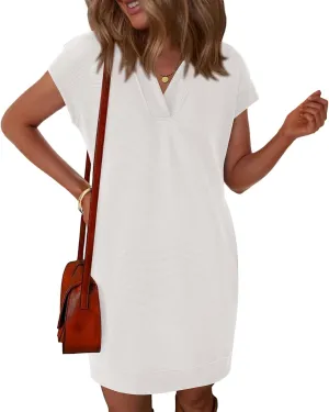 Okiwam Women's Spring Summer Dresses 2025 Casual Short Sleeve V-Neck T-Shirt Mini Vacation Sun Dresses with Pockets