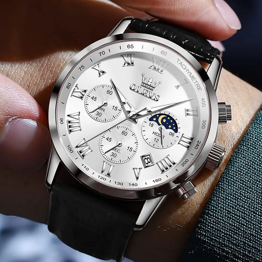 OLEVS Watches for Men Dress Chronograph Analog Quartz Moon Phase Mens Luminous Waterproof Male Wrist Watches