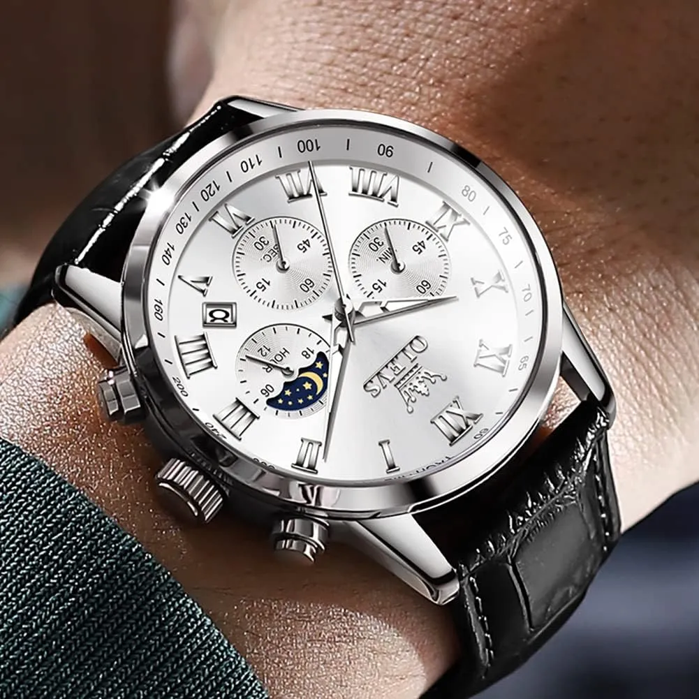 OLEVS Watches for Men Dress Chronograph Analog Quartz Moon Phase Mens Luminous Waterproof Male Wrist Watches