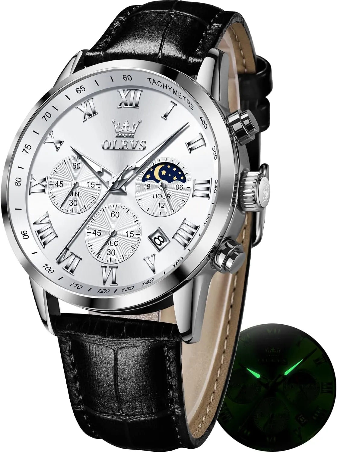OLEVS Watches for Men Dress Chronograph Analog Quartz Moon Phase Mens Luminous Waterproof Male Wrist Watches