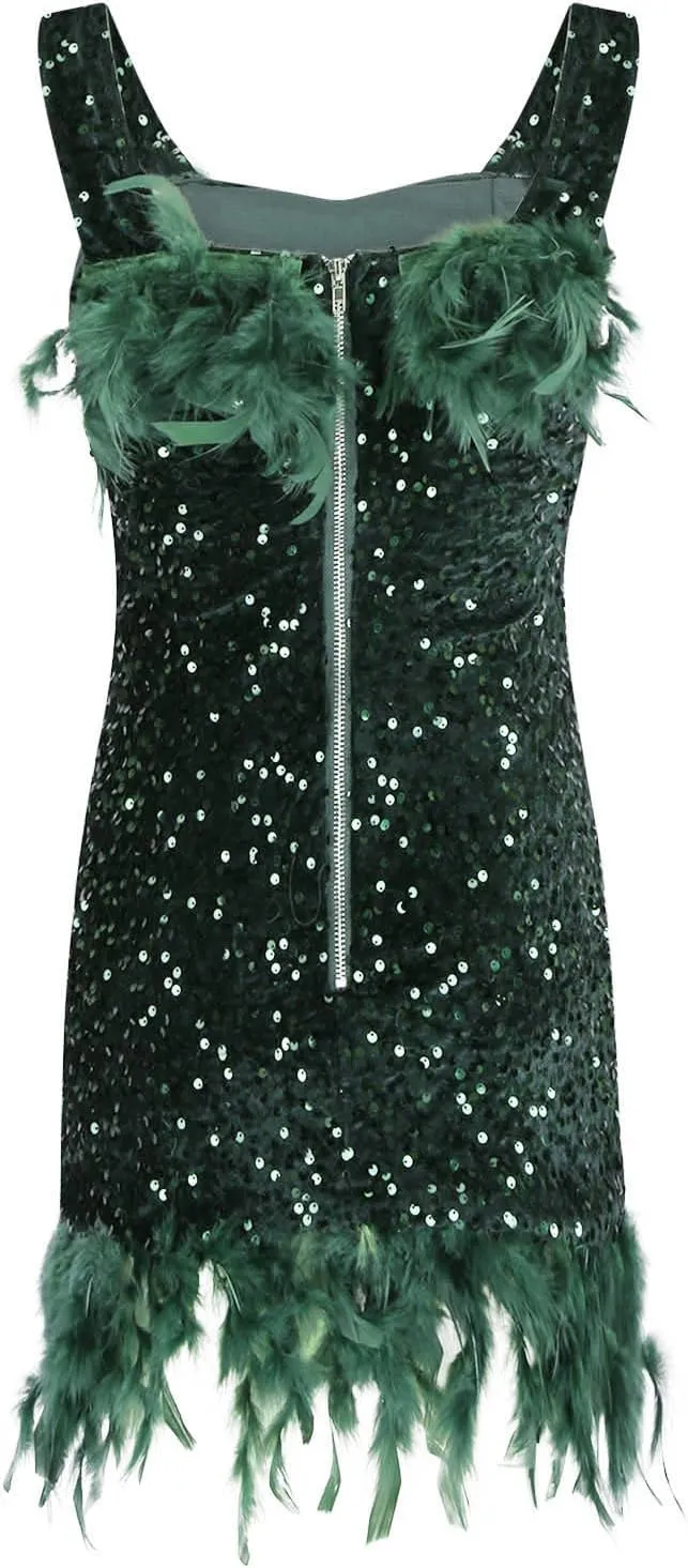 Oplxuo Sequins Feather Short Birthday Party Dresses for Women Off Shoulder Bodycon Dress Plus Size Cocktail Evening Gowns